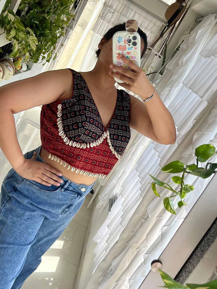 SXV cotton kutchi work ajrakh cowrie shells blouse choli for navratri