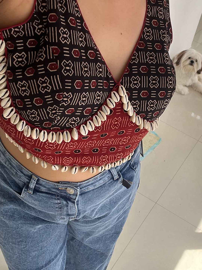 SXV cotton kutchi work ajrakh cowrie shells blouse choli for navratri