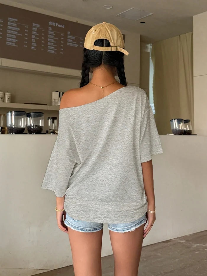 SXV Women's Letter Printed Off Shoulder Casual Versatile T-Shirt, Summer