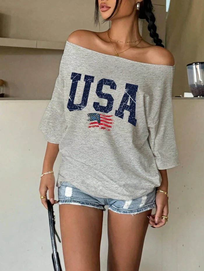 SXV Women's Off-Shoulder Letter & National Flag Print Casual Fashion T-Shirt, Summer