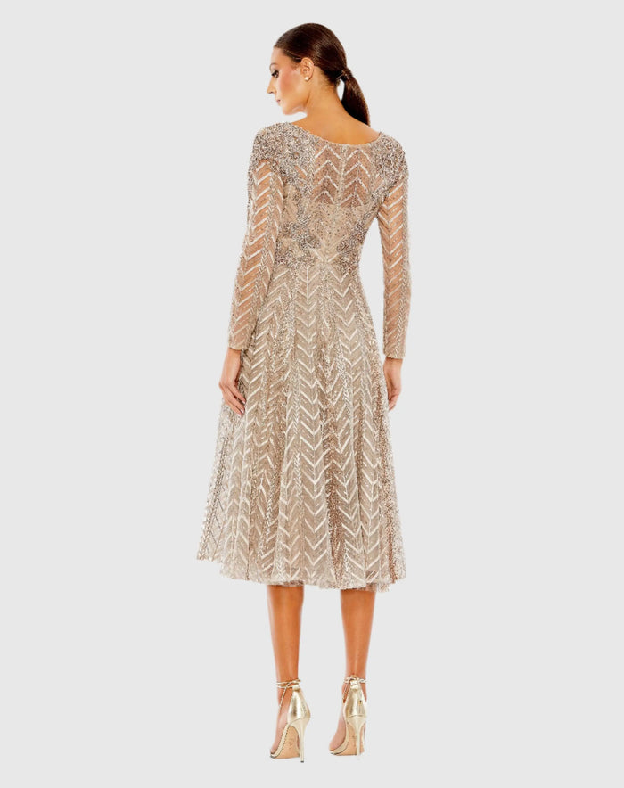Beige Embellished Long Sleeve Wrap Over Dress - Mac Duggal