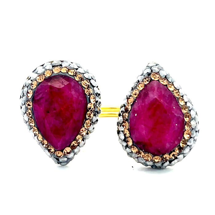 Adjustable 925 sterling silver ring featuring a double teardrop gemstone design with sparkling crystal accents.