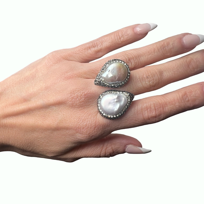Style the Teardrop Double Gemstone & Crystal 925 Sterling Silver Adjustable Statement Ring exclusively at Born To Glam