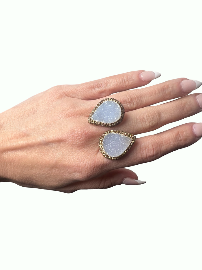 Style the Teardrop Double Gemstone & Crystal 925 Sterling Silver Adjustable Statement Ring exclusively at Born To Glam