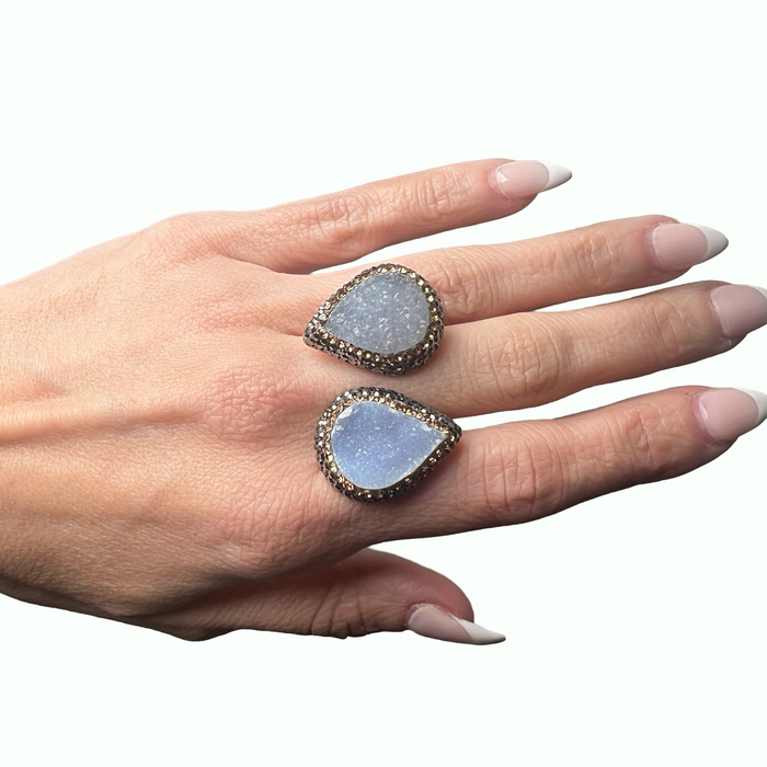 Style the Teardrop Double Gemstone & Crystal 925 Sterling Silver Adjustable Statement Ring exclusively at Born To Glam