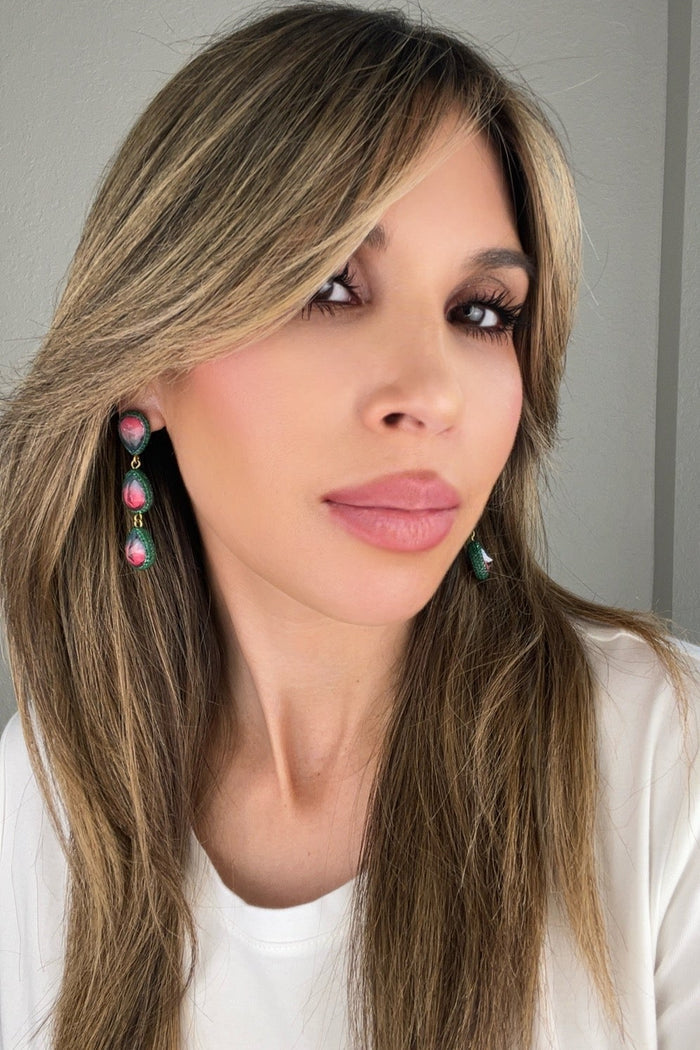 Style the Teardrop Multicolor Gemstone Crystal Sterling Silver Triple Drop Earrings exclusively at Born To Glam
