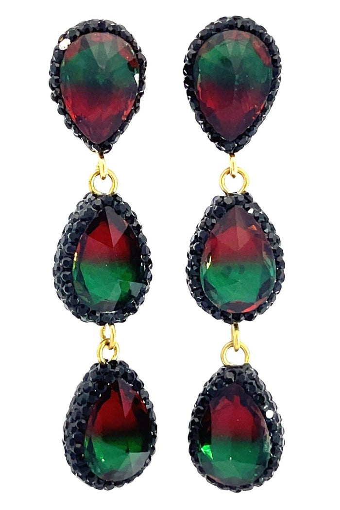 Style the Teardrop Multicolor Gemstone Crystal Sterling Silver Triple Drop Earrings exclusively at Born To Glam