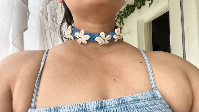 Thread cotton Handmade choker adjustable length necklace blue with kowdi charms