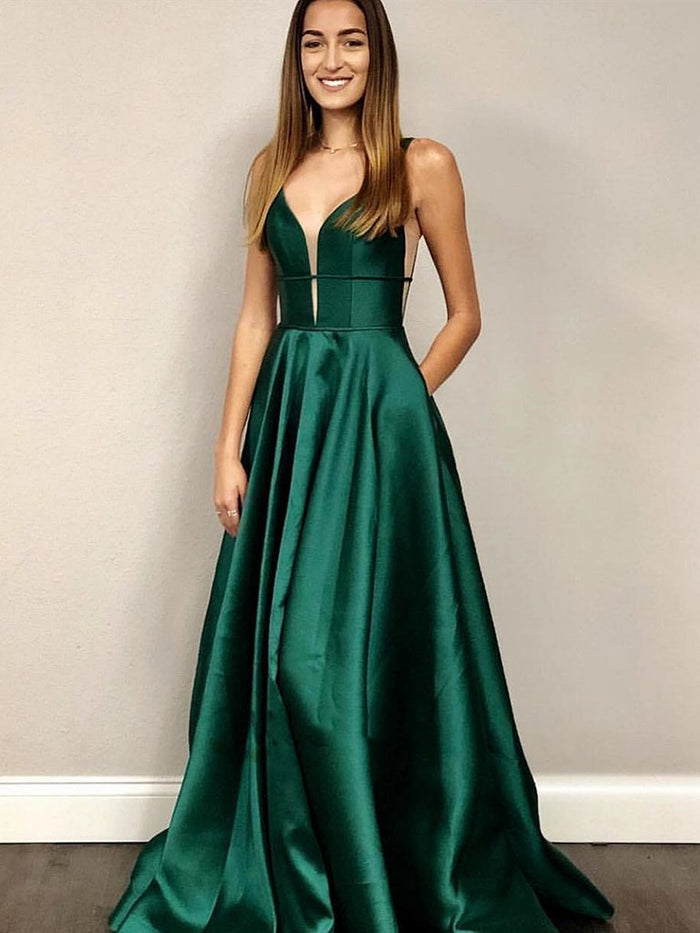 V Neck Emerald Green Prom Dresses, Green Formal Graduation Evening Dresses