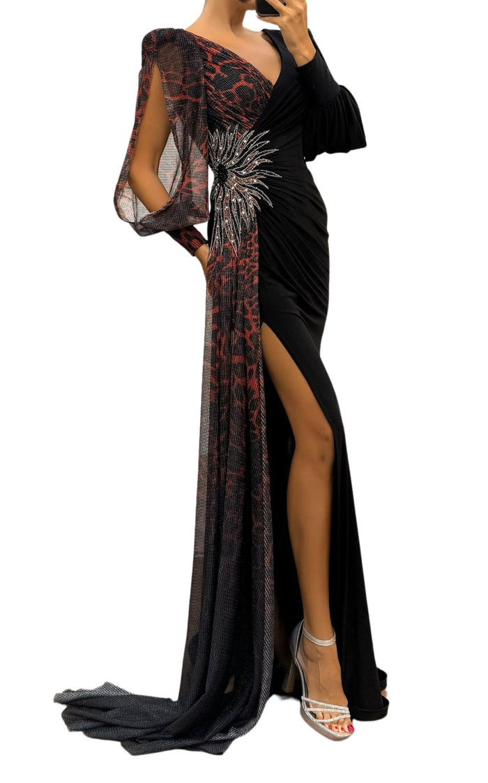 Cult Moda V - neck Leopard Pattern Evening Cocktail Gown - Runway Catalog