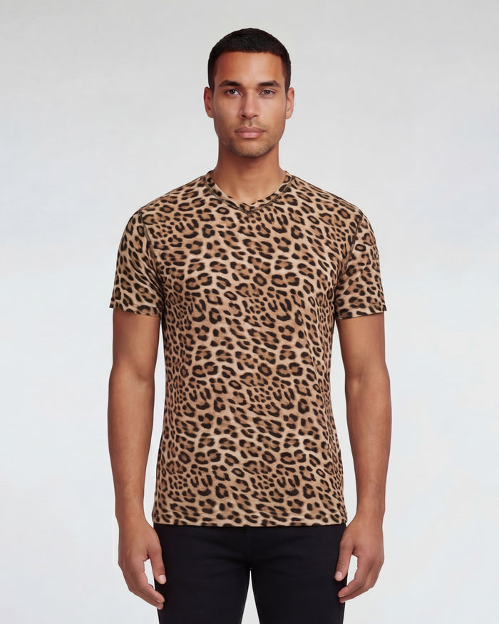VICTOR LEOPARD BROWN MENS WOOL VNECK TEE