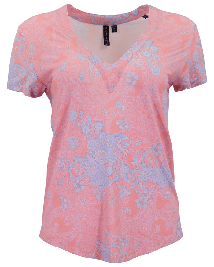 VICTORIA PAISLEY EXPLOSION CORAL WOMENS V-NECK PRINTED TOP