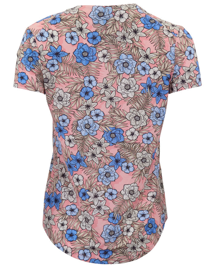 VICTORIA TROPICAL MIX CORAL WOMENS V-NECK PRINTED TOP