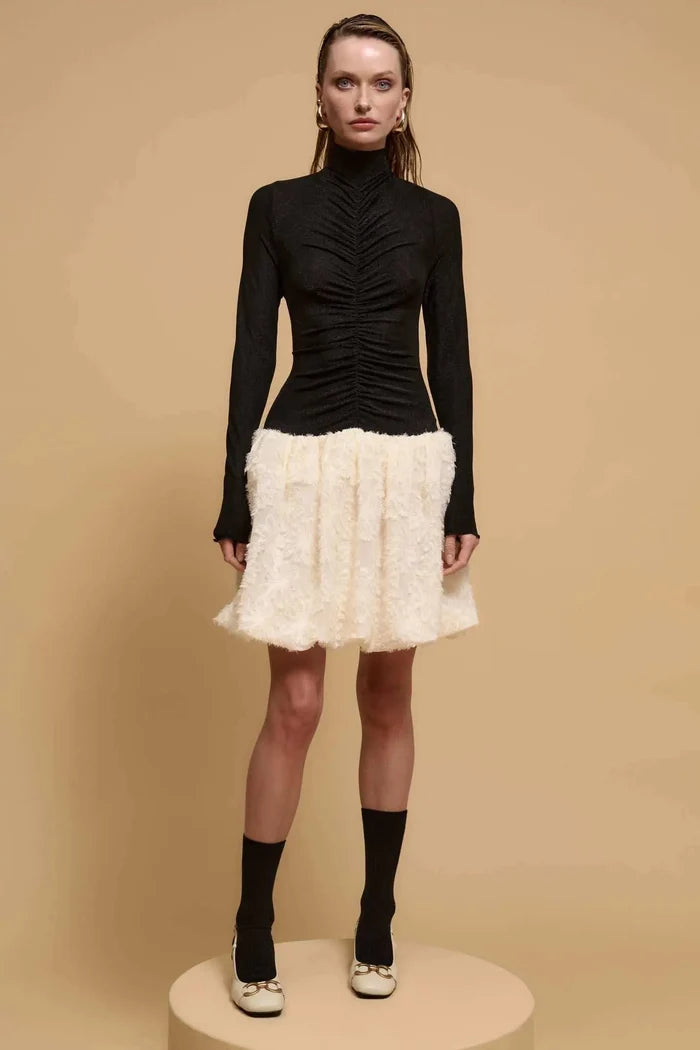 Winter Skies Ruched Mock-Neck Bubble Mini Dress - ShopPromesa