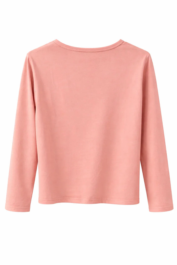 Plain pink long sleeve shirt, back view, basic crew neck, casual clothing.
