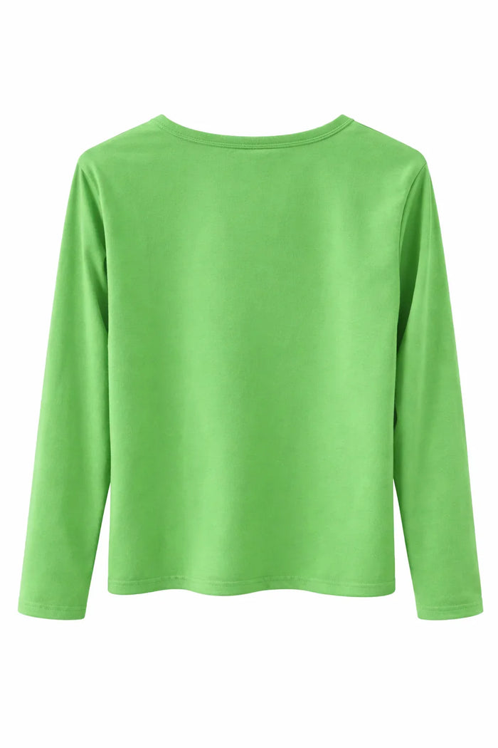 Back view of green long sleeve crew neck t-shirt on white background