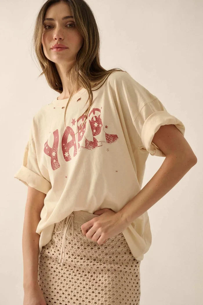 Y'all Cowboy Boots Oversize Distressed Graphic Tee - ShopPromesa